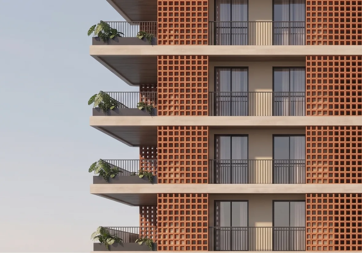 Perspectiva do primeiro lançamento — fachada em concreto e cobogós de terracota